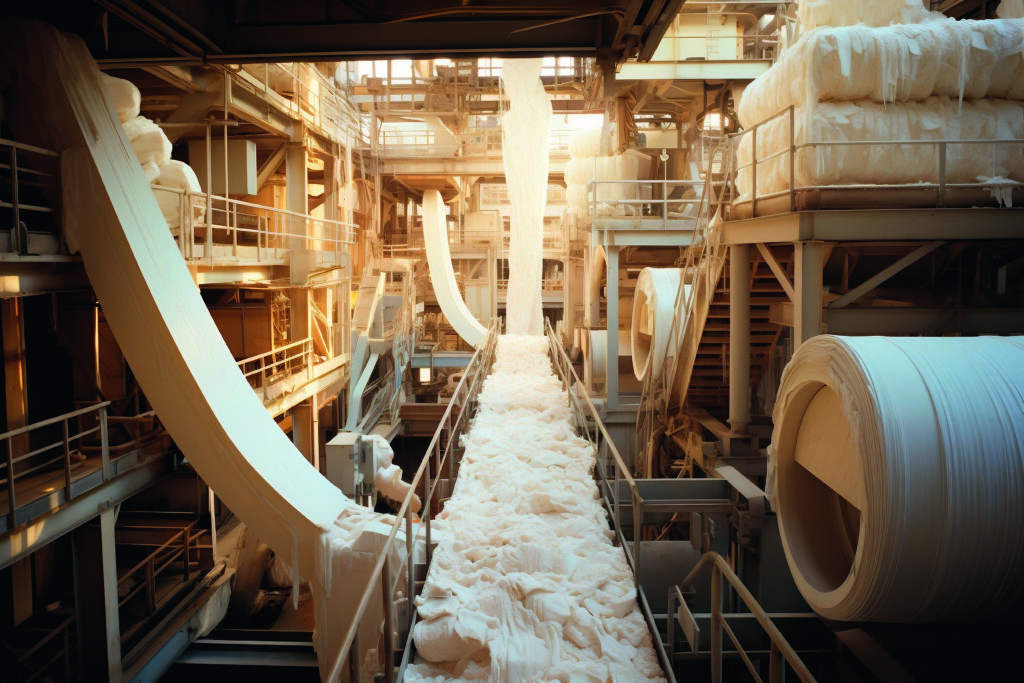 Zellstoff- und Papierfabrik mit Rollen aus frisch gebleichtem Papier