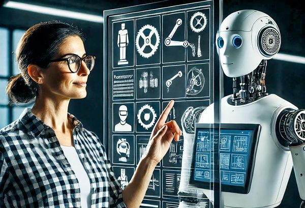 Eine Frau kommuniziert mit einem Roboter