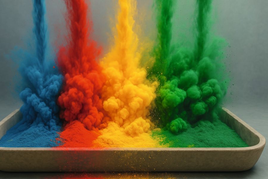 Symbolgrafik: Gesprühtes Pulver in mehreren Farben
