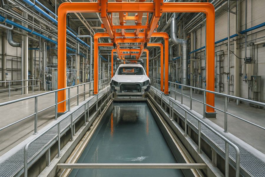 Eine Autokarosserie über einem KTL-Becken